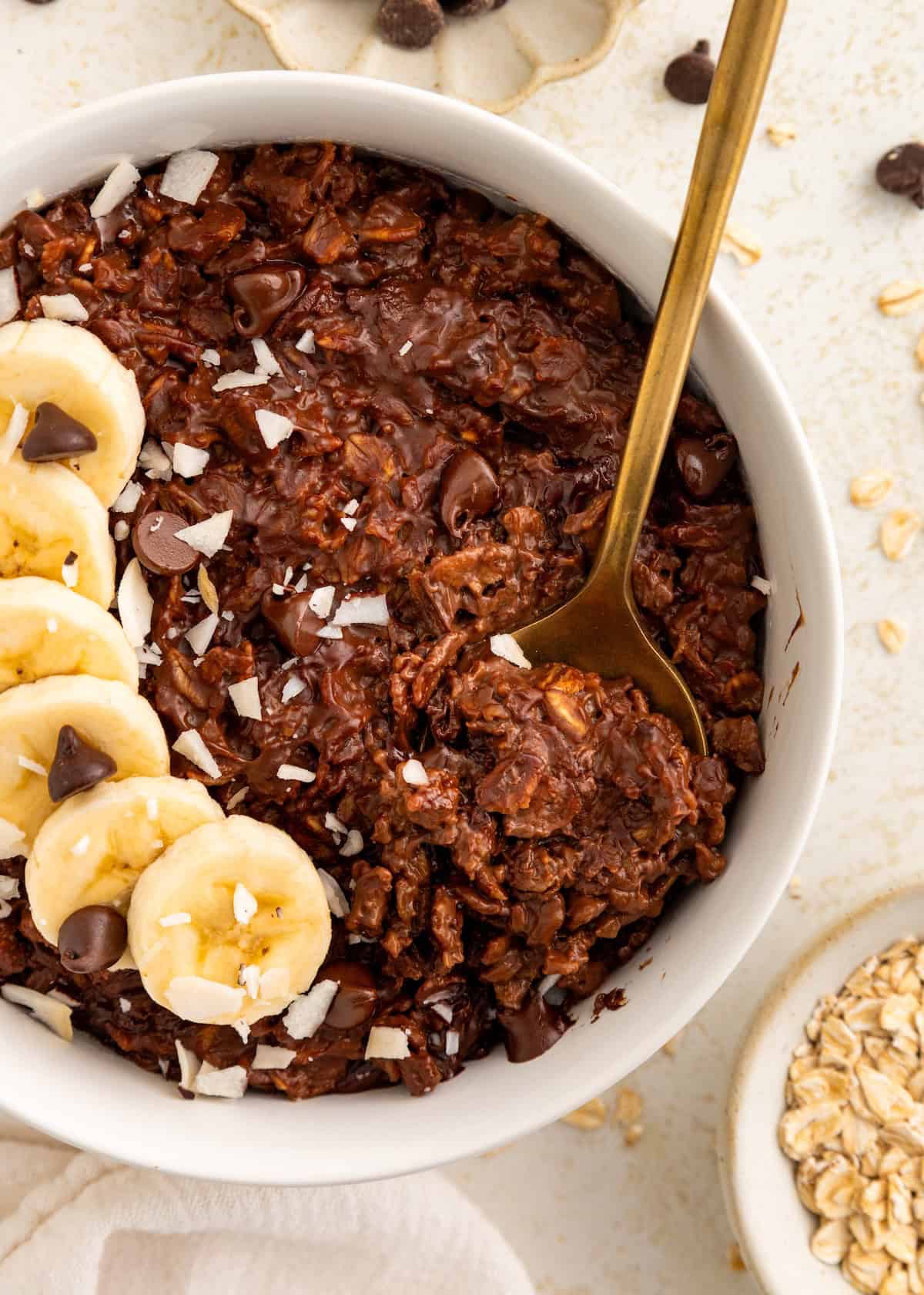 A bowl of chocolate oatmeal topped with banana slices, coconut flakes, and chocolate chips.