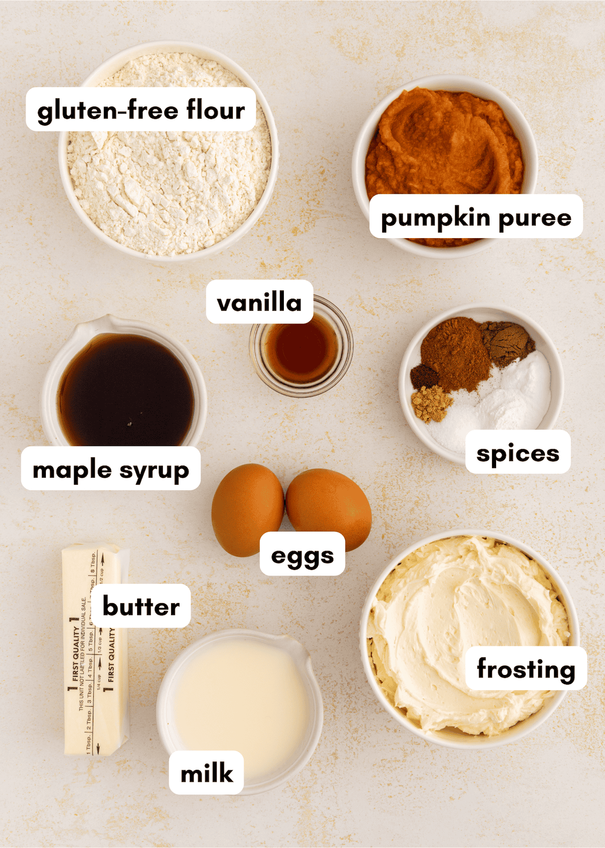 Labeled bowls for gluten-free pumpkin cake: flour, pumpkin, vanilla, spices, eggs, butter, milk.