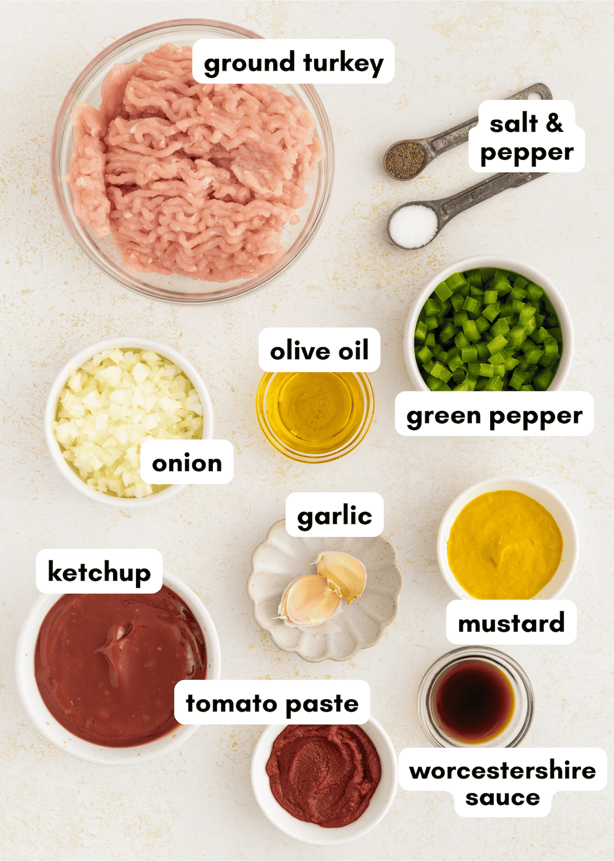 Ingredients for turkey sloppy joes-spices, vegetables, and sauces-labeled in bowls.
