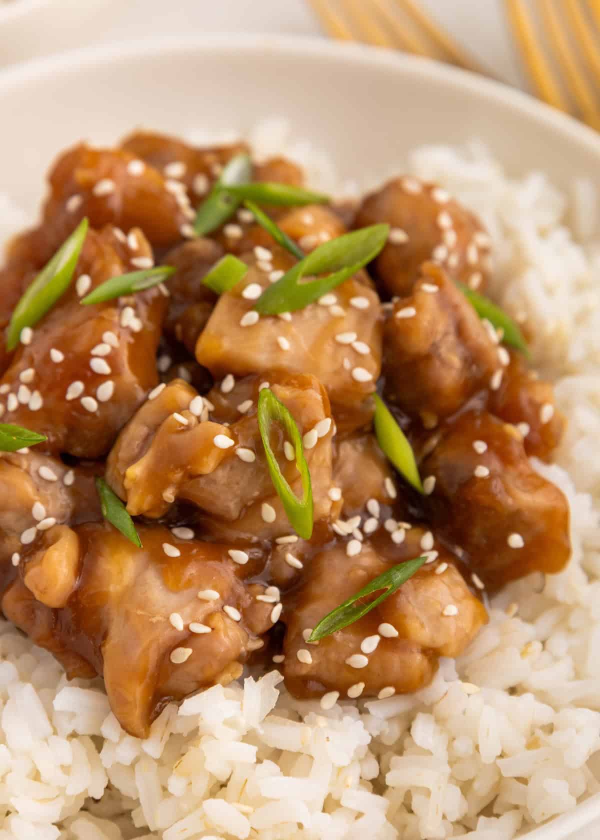 Chicken with sesame seeds and sliced green onions served over a bed of white rice.
