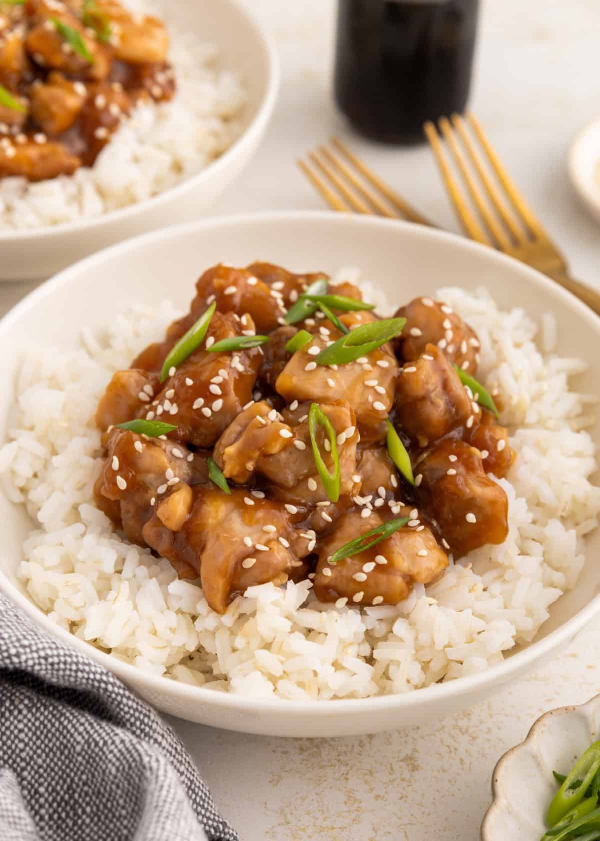 Bowl of white rice topped with saucy chicken, sesame seeds, and sliced green onions.