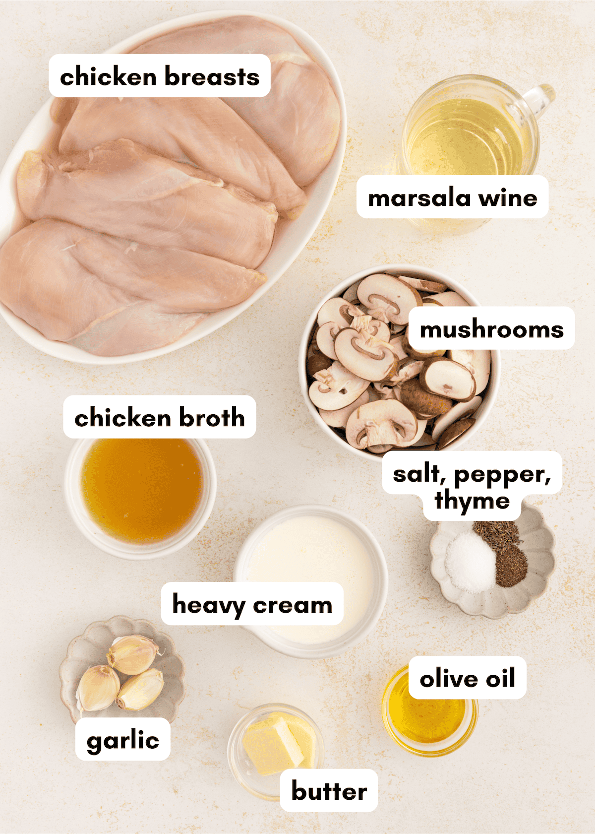 Raw chicken breasts, mushrooms, garlic, broth, wine, cream-perfect for Chicken Mushroom Marsala.