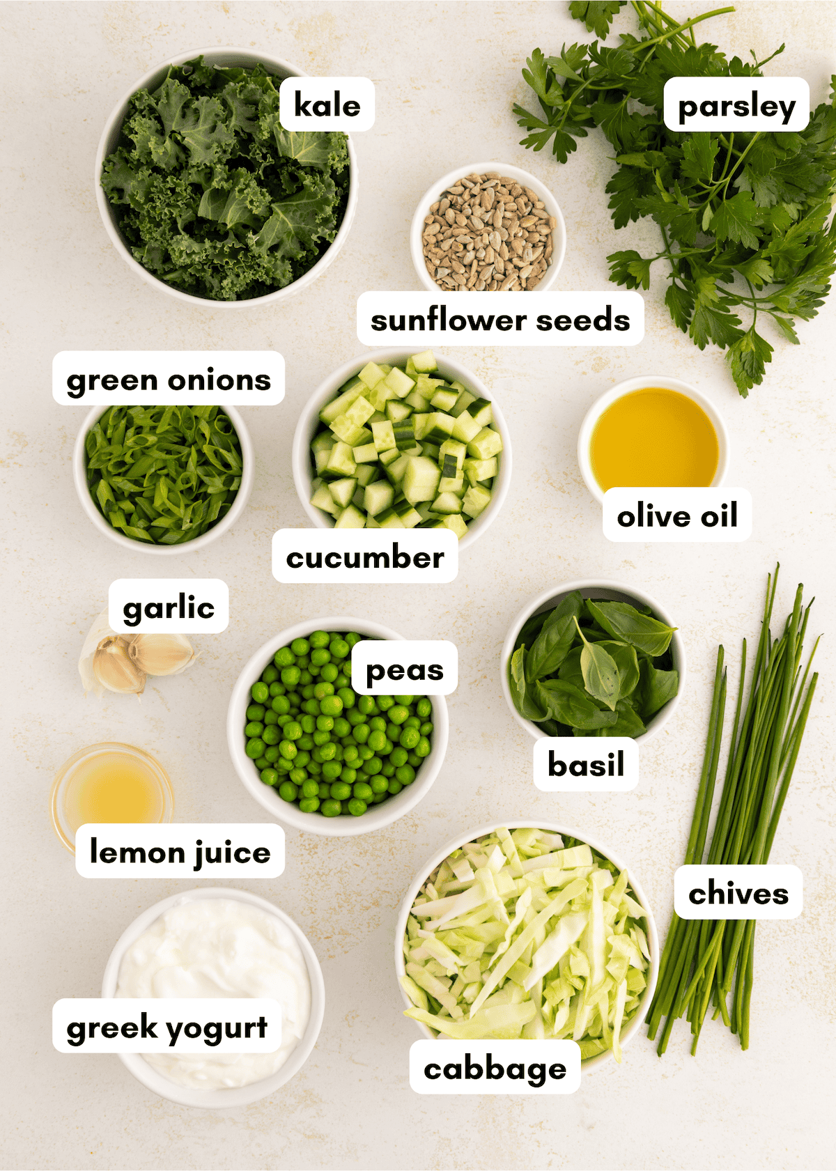Bowls of fresh kale, parsley, green onions, sunflower seeds, and other salad ingredients labeled.