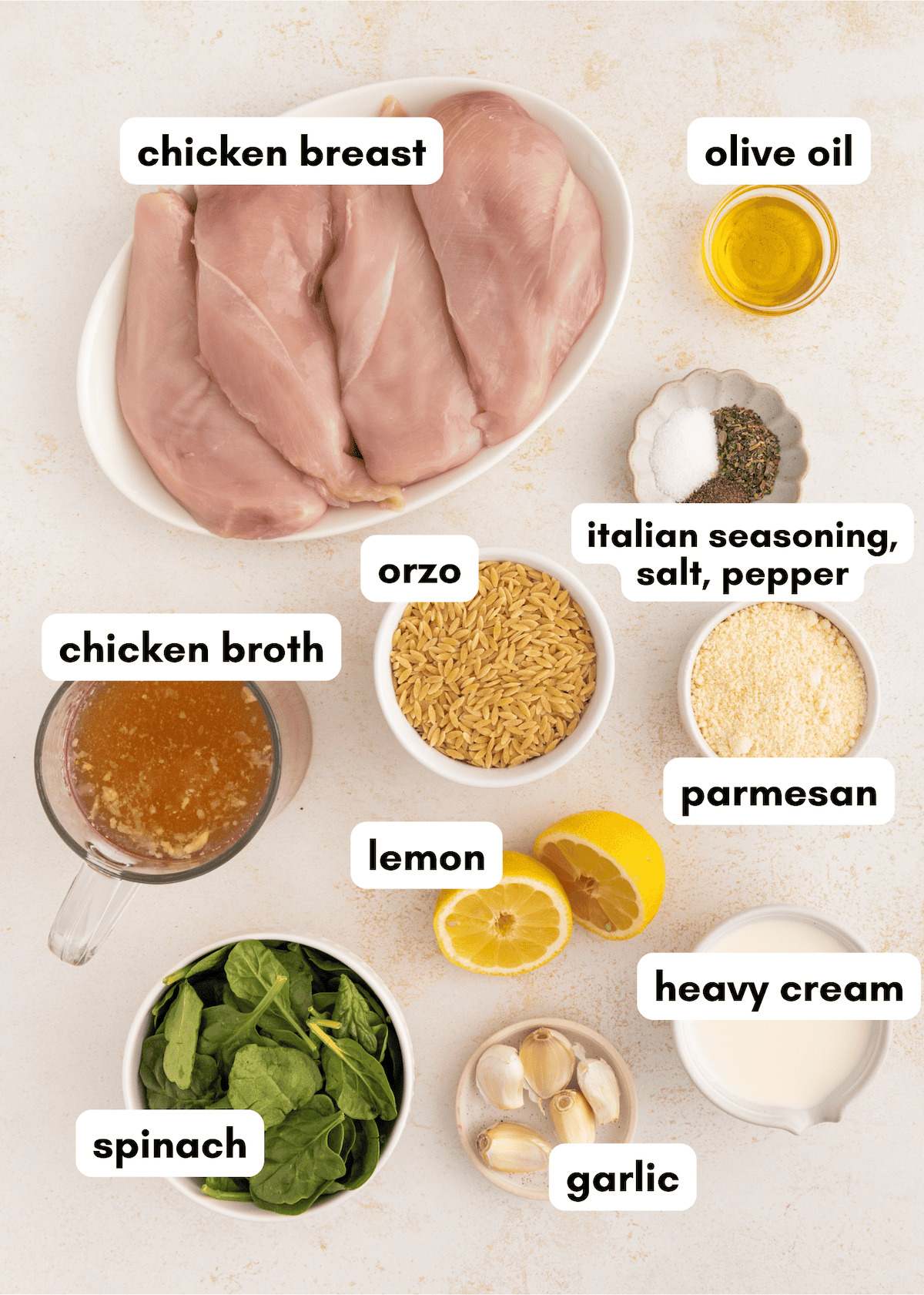 Chicken breast, olive oil, orzo, broth, spinach, lemon, garlic, parmesan, cream, seasoning.