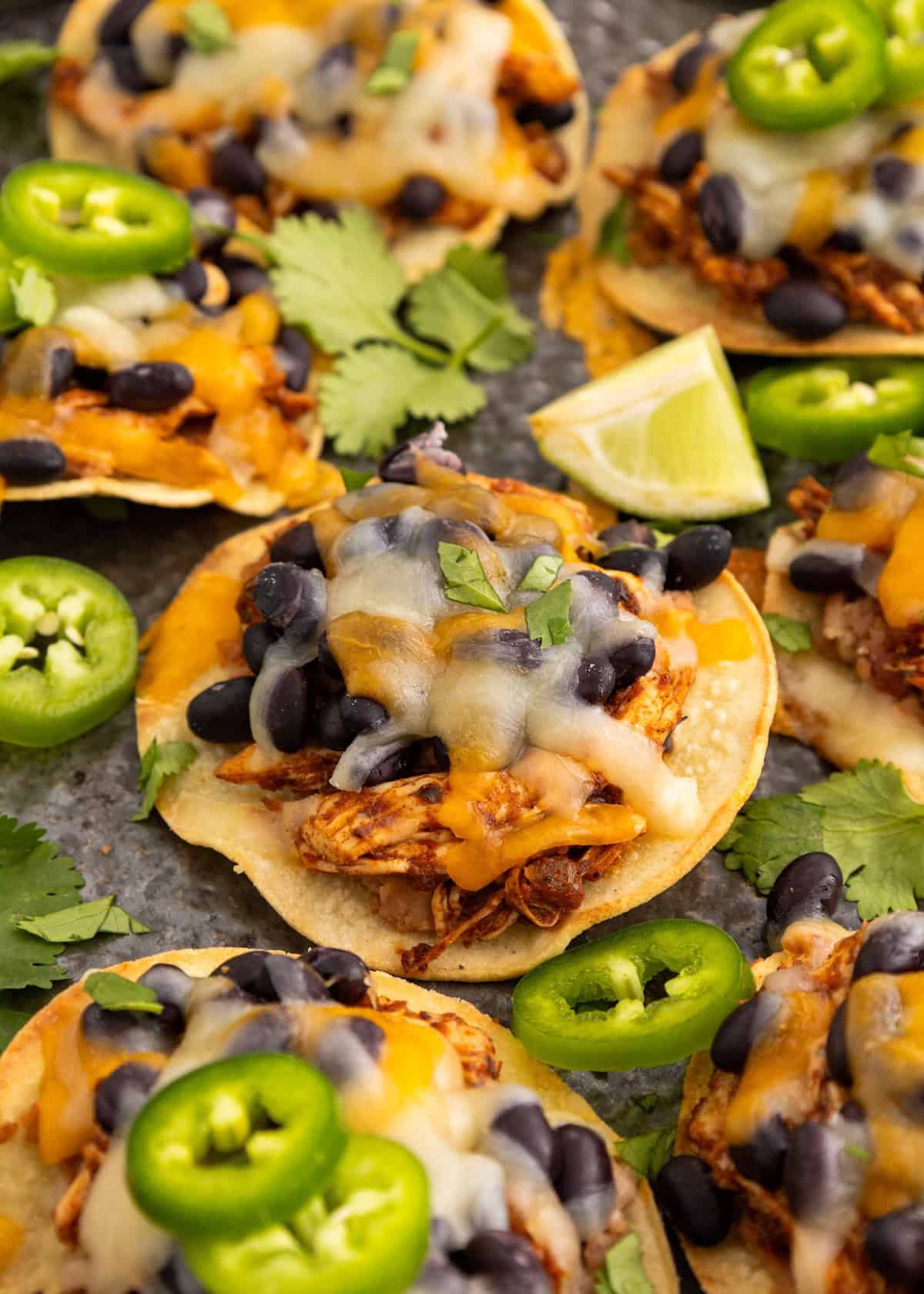 Mini tostadas topped with shredded chicken, black beans, melted cheese, and sliced jalapeños.