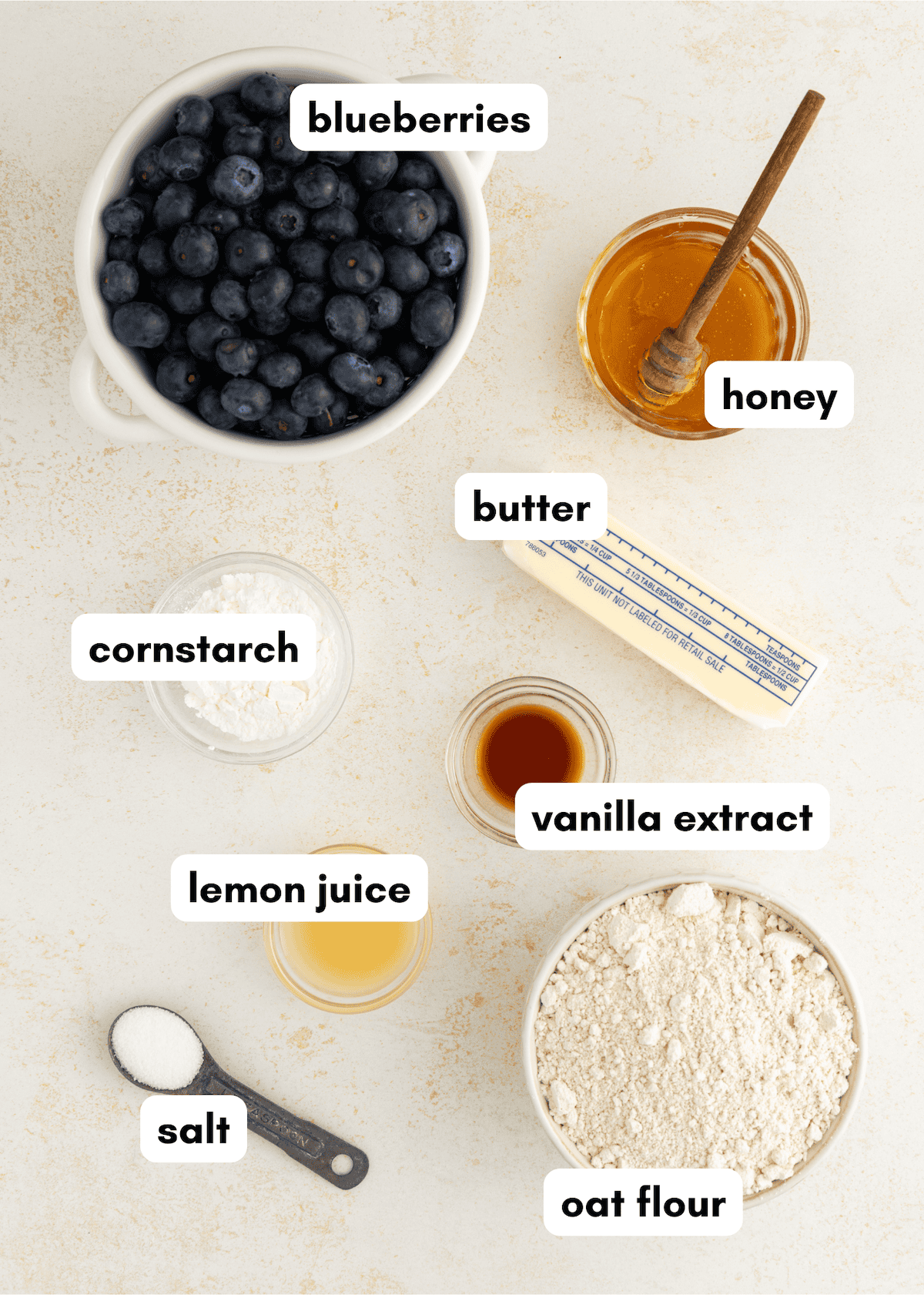 Labeled ingredients: blueberries, honey, butter, cornstarch, vanilla, lemon juice, salt, oat flour.
