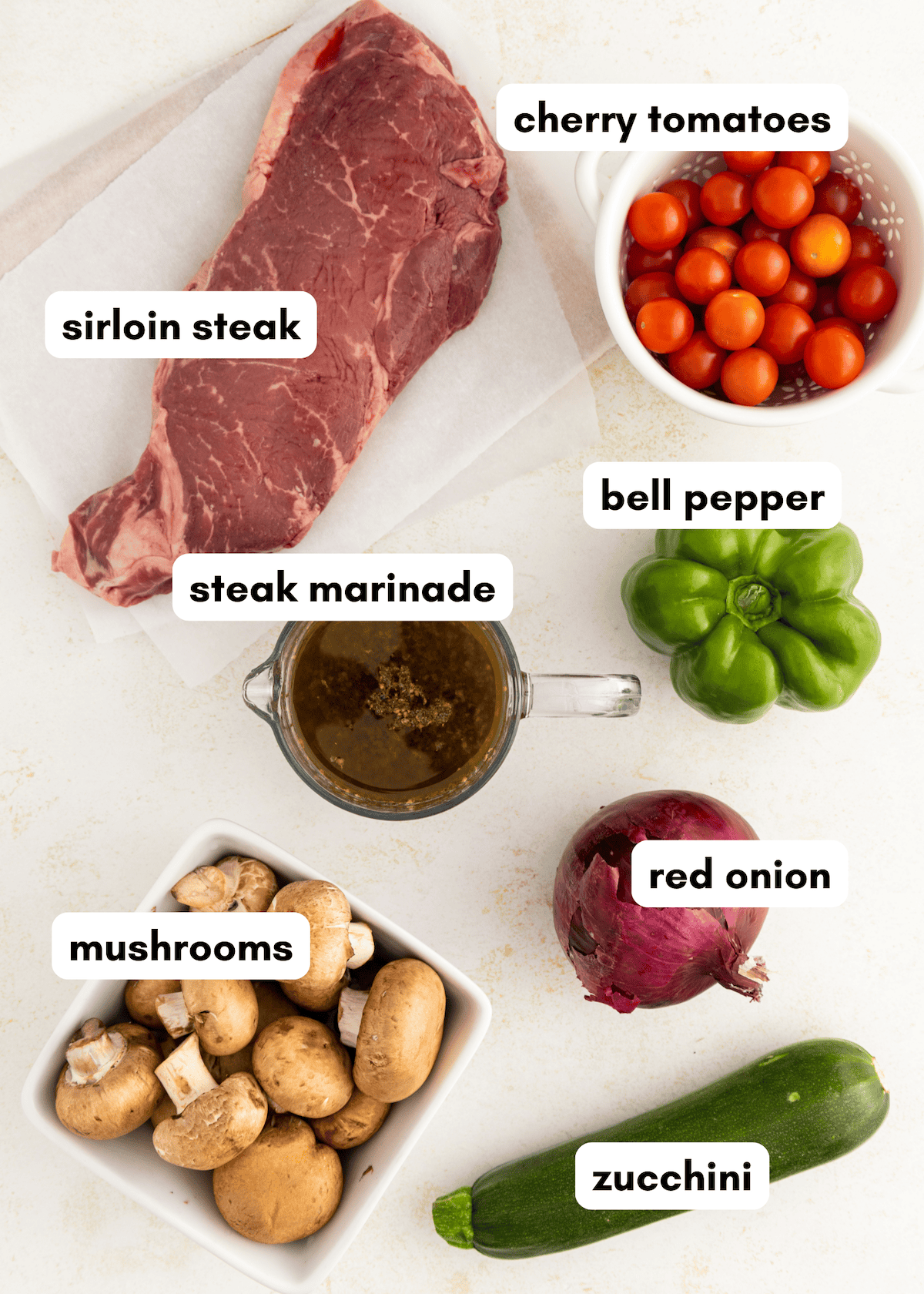 Raw sirloin steak, cherry tomatoes, bell pepper, red onion, mushrooms, zucchini, marinade.
