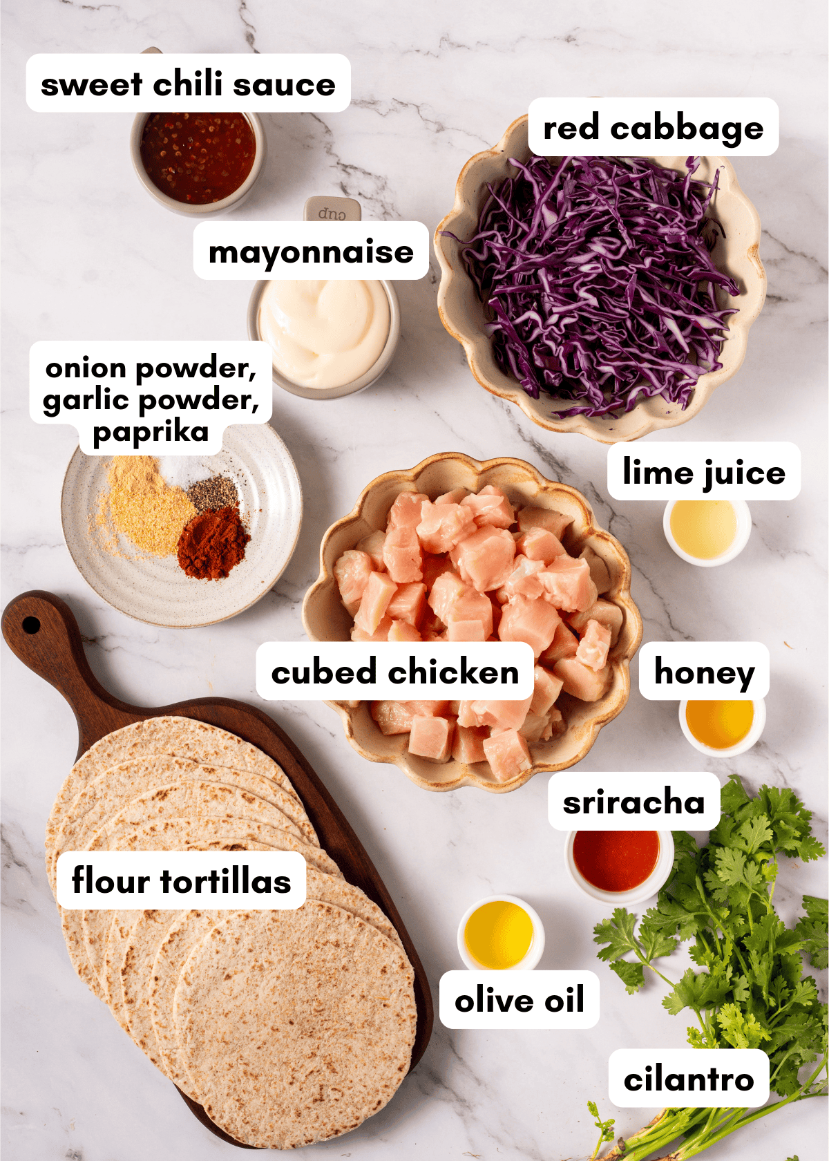 Ingredients: tortillas, cubed chicken, cabbage, seasonings, sauces, honey, lime, cilantro, oil.