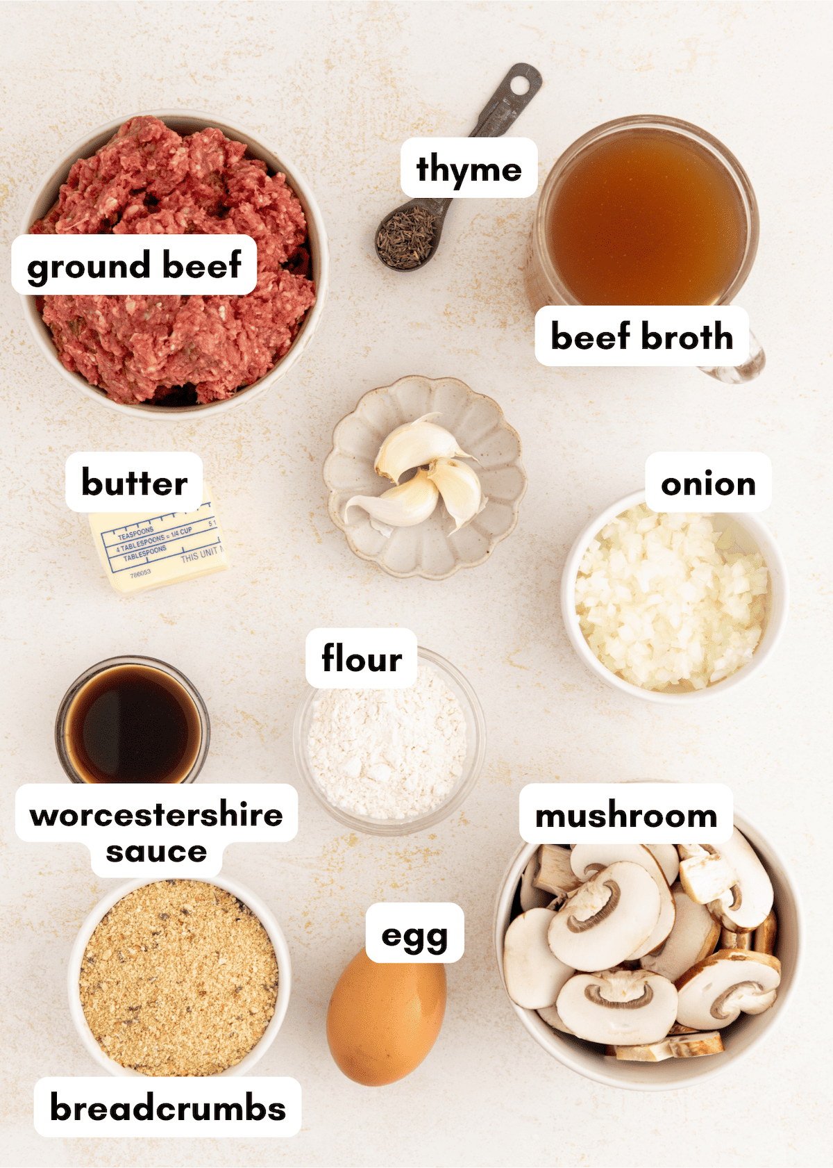 Ingredients for Salisbury Steak with Mushroom Gravy: ground beef, egg, onion, broth, and spices.