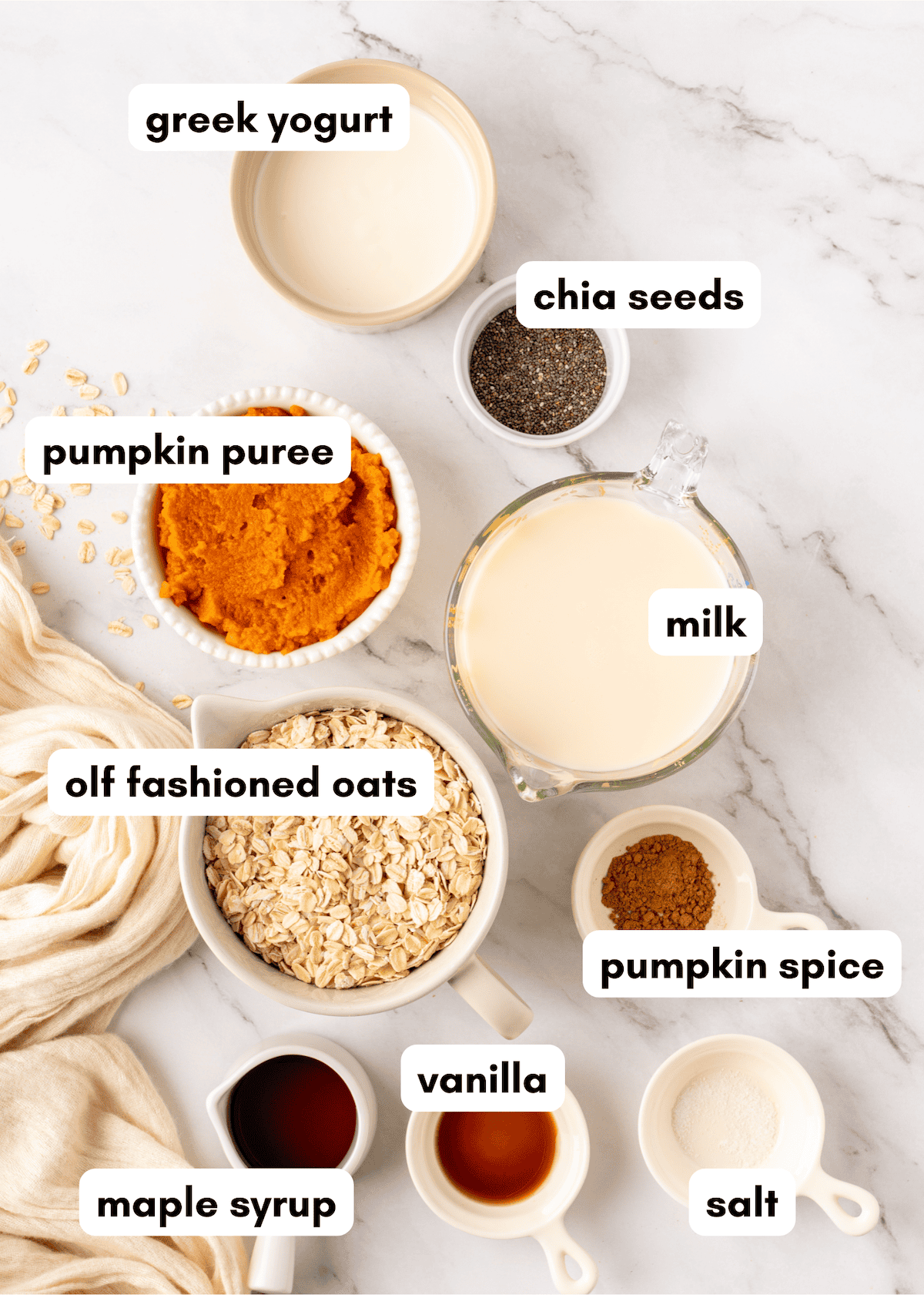 Ingredients for pumpkin oats: oats, pumpkin puree, milk, yogurt, chia seeds, maple syrup, spices.